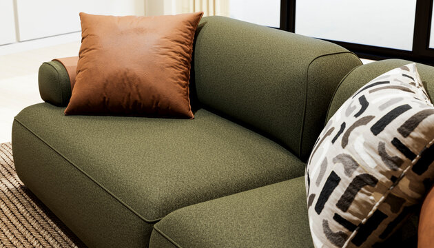 Green upholstered sofa with brown leather and patterned cushions