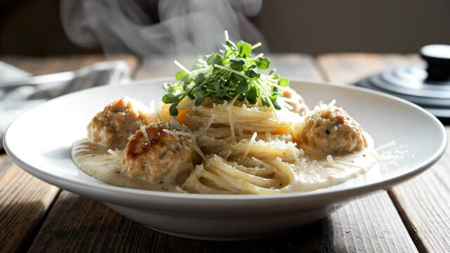 Delicious steaming spaghetti with meatballs in creamy white sauce, topped with sprouts, and grated parmesan cheese.