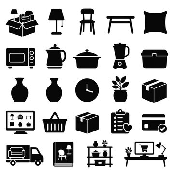 Collection of household furniture and kitchen appliance icons including delivery and interior design symbols with kitchen appliances home decor shopping symbols household goods shipping ico