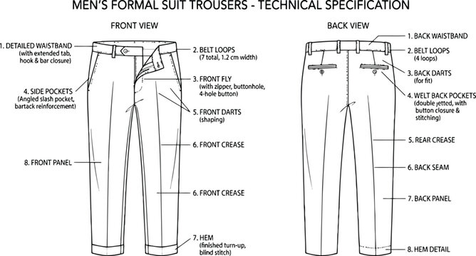 Technical drawing of men formal suit trousers showing front and back view with detailed labels and construction specifications for fashion design and manufacturing