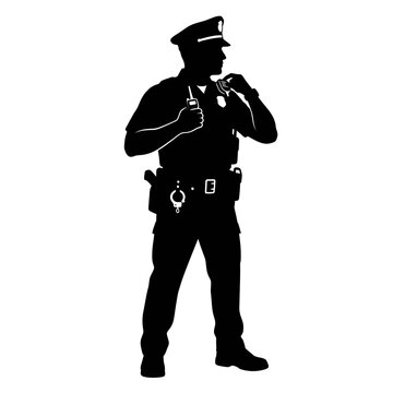 Security guard standing alert while talking on a portable radio device.