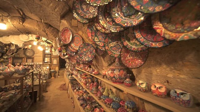 Shelves packed with handmade ceramics fill a cave shop interior with warm artisan character.