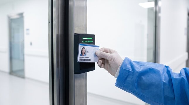 Hand in blue protective glove holding ID badge near electronic access reader with green light. Medical worker entering secured laboratory door.