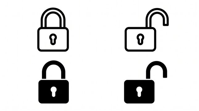 Four padlock icons illustrating security concepts, closed and open states, black outline and solid fill, vector for web and app interfaces.vector