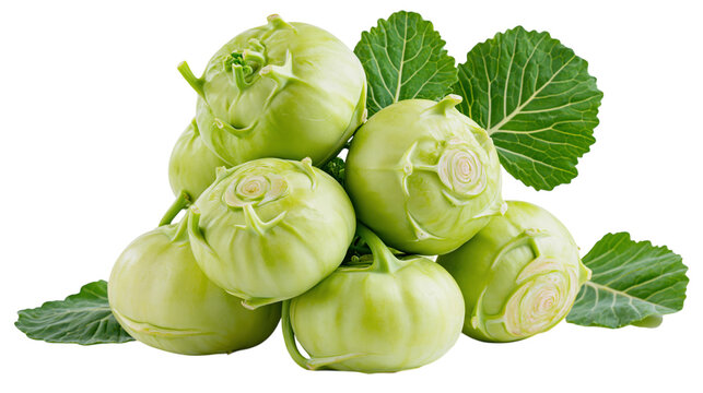 Group of fresh green kohlrabi bulbs with organic leaves isolated on transparent background PNG element