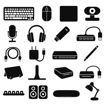 Set of black computer peripherals and multimedia device icons with multimedia devices digital equipment computer hardware web icons office supplies tech gadgets user interface usb drive