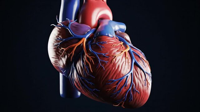 Realistic 3D heart anatomy model isolated on a dark background showing blood vessels for medical illustrations