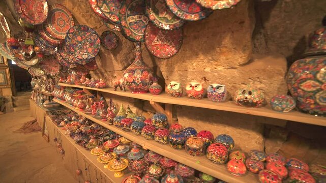 Shelves packed with handmade ceramics fill a cave shop interior with warm artisan character.