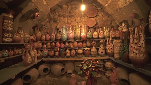 Shelves packed with handmade ceramics fill a cave shop interior with warm artisan character.