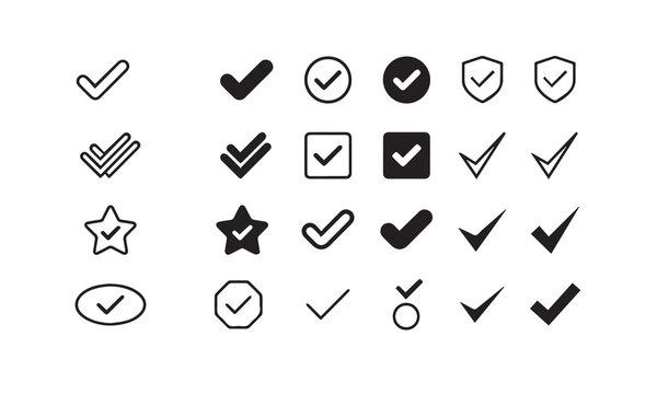 Variety of check mark and tick graphic design elements with web icons