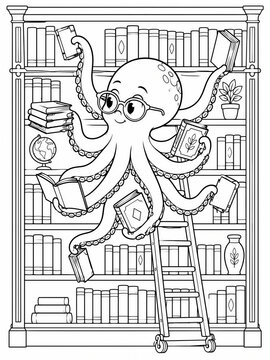 Cute cartoon octopus librarian wearing glasses holding books in library, kids educational literacy activity book coloring page vector