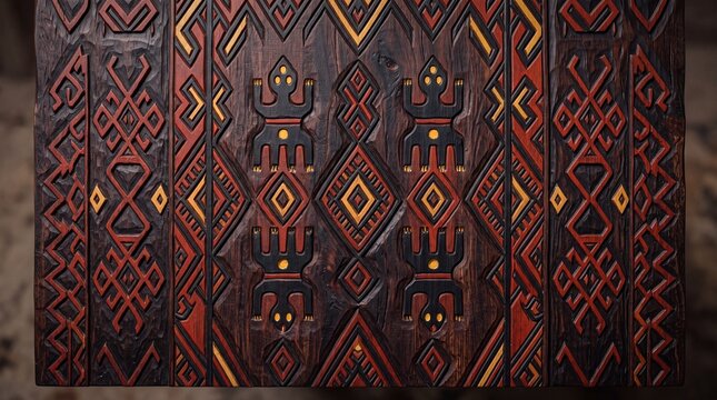 Carved Wooden Panel with Traditional Ethnic Geometric Pattern