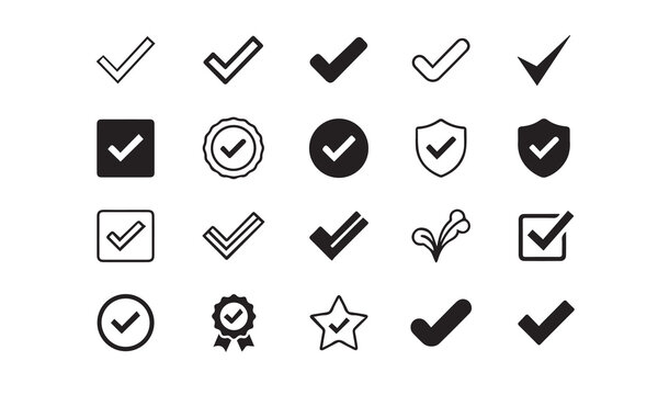 Set of diverse check mark symbols and validation icons with validation icon