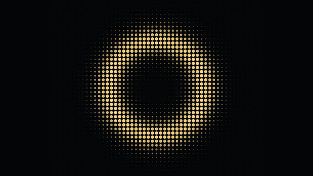 Abstract animation of glowing gold halftone dots forming a square frame on black. Ideal for video call backgrounds, tech overlays, or retro-style motion graphics.