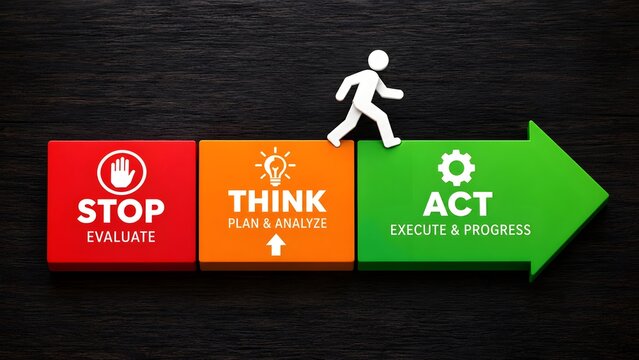 Stop Think Act Process Flow Diagram with 3D Blocks and Human Figure