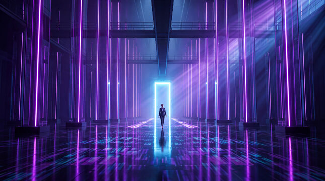 Futuristic Sci Fi Corridor with Glowing Neon Portal and Silhouette