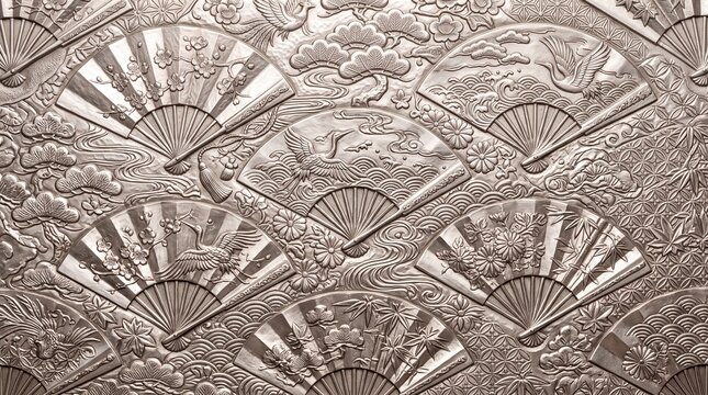 Ornate Engraved Japanese Silver Metal Relief with Folding Fan Motifs