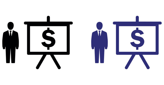Business presentation icon set with financial dollar sign symbol and speaker standing nearby.