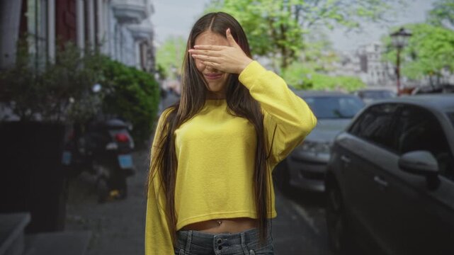 Young woman covering eyes with hand on street with parked cars, cropped yellow sweater revealing navel piercing and denim jeans; shyness privacy.