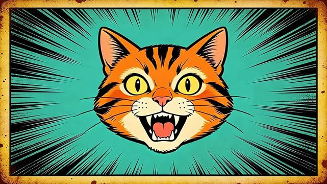 Orange tabby cat showing teeth with aggressive expression on retro background