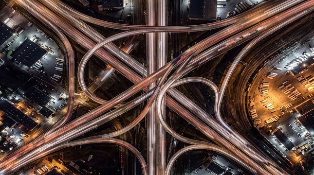 Aerial Top Down View of Highway Interchange at Night