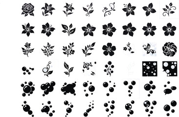 Fototapeta premium Abstract collection of decorative floral motifs and floating bubble shapes in vibrant multicolored graphic design style