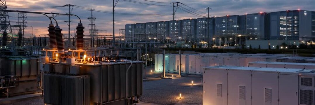 Electrical substation and power transformers at dusk, energy infrastructure website banner