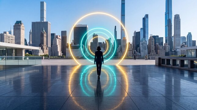 Businesswoman Walking Toward Glowing Futuristic Portal in Modern City