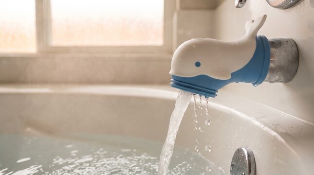 Cute whale shape faucet cover attachment for baby bath time in a bathroom.