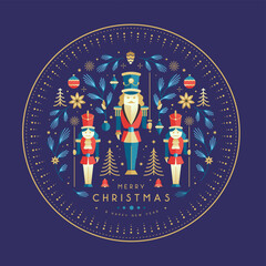 Fototapeta premium Christmas poster, banner, holiday greeting card or plate design with nutcrackers, Christmas tree and baubles. Tableware Flat design. Vector illustration