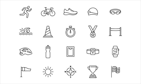 Set outline icons related to triathlon. Linear icon collection. Editable stroke. Vector illustration