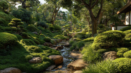 Fototapeta premium Zen garden with a rocky stream is surrounded by mossy banks, sculpted bonsai trees, and traditional architecture in warm sunlight.