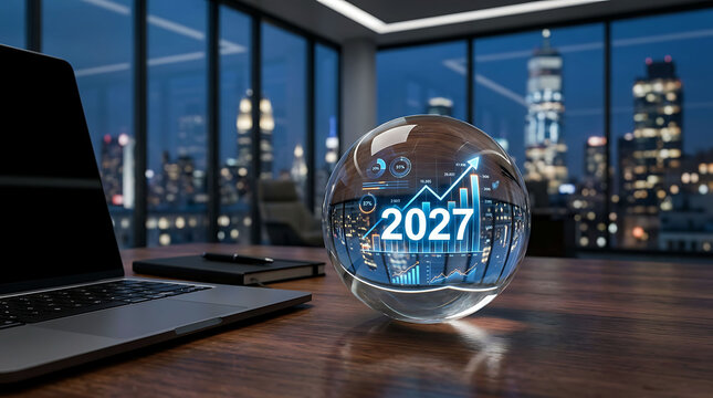 Future business trends forecasting 2027 with glass sphere on office desk