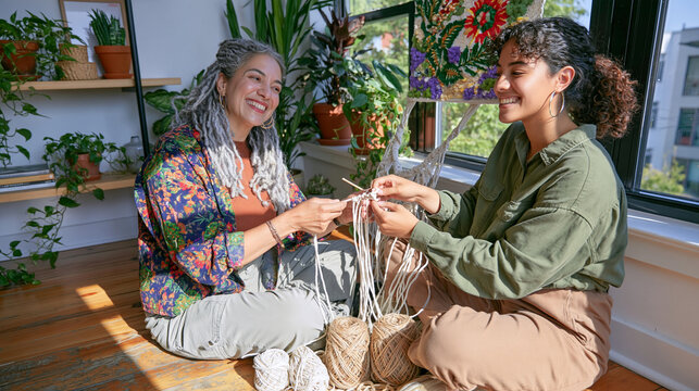 A macrame artist with silver locs demonstrates knotting technique to her teenage granddaughter by a sun-flooded apartment window, half-finished wall hanging stretched between them, spools of natural