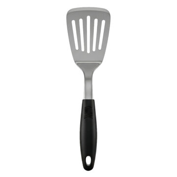 Metal kitchen spatula with a black handle for cooking and flipping food