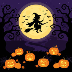 Fototapeta premium Spooky Halloween Vector Background with Glowing Pumpkins, Full Moon, Bats, Dark Autumn Trees and Witch Silhouette for October Night Celebration