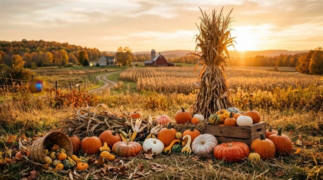 A high-quality, picturesque autumn harvest scene featuring a variety of pumpkins and corn stalks in a field at sunset. The composition is balanced and evocative of seasonal themes.