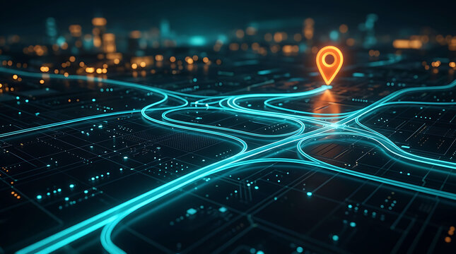 Abstract digital city map with glowing navigation pin and neon transit routes