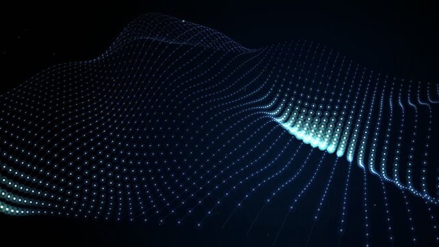 Blue digital wave landscape with glowing dots and lines abstract background 4k video.