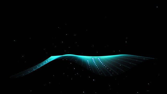 Glowing blue digital wave with floating particles on black abstract background 4k video.