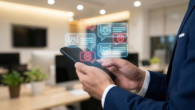 Businessman using a smartphone to manage customer service feedback with digital ai chatbot and negative sentiment analysis chat bubbles displayed