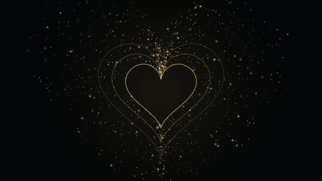 Golden glitter particles form an abstract heart shape with concentric glowing rings against a deep black background. Perfect for romantic themes or luxury branding.