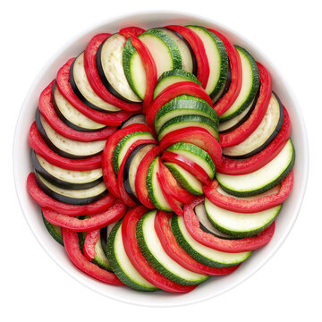 Sliced zucchini eggplant and tomato arranged in a spiral ratatouille pattern isolated on transparent background PNG cutout