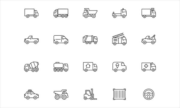 Set outline icons related to truck. Linear icon collection. Editable stroke. Vector illustration