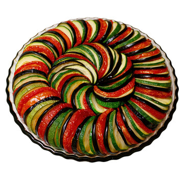 Spiral sliced ratatouille vegetable tart with zucchini eggplant and tomato isolated on transparent background PNG cutout