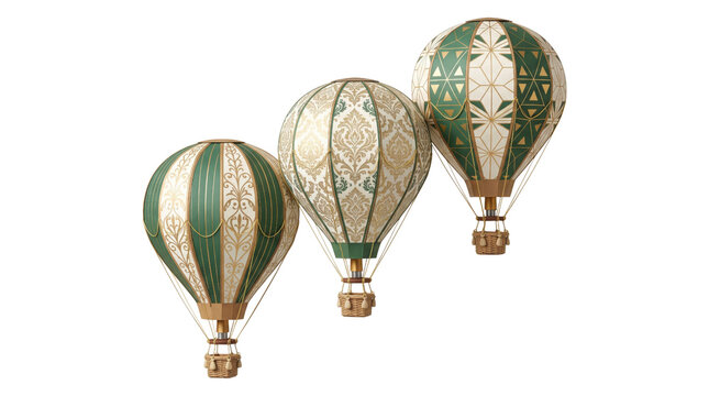 Vintage hot air balloons with ornate green and gold patterns, set of three decorative flying vessels, antique steampunk aeronautics illustration