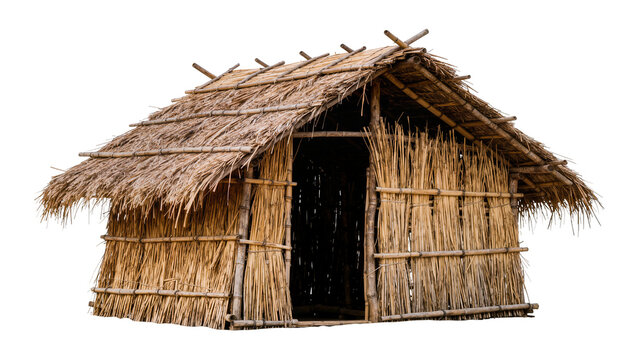 Rustic thatched hut with bamboo frame, isolated on transparent background