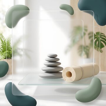3D render wellness background template with zen balanced stones rolled yoga mat and glassmorphism copy space frame surrounded by indoor plants