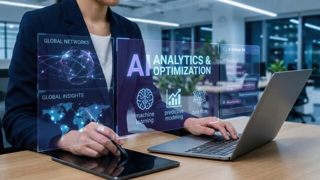 Business analyst using digital tablet for ai analytics and optimization with holographic global network and machine learning data visualization