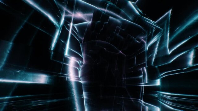 Futuristic blue circuit pathways and geometric cyber mesh flow through a dark architectural tunnel in a 3D animation